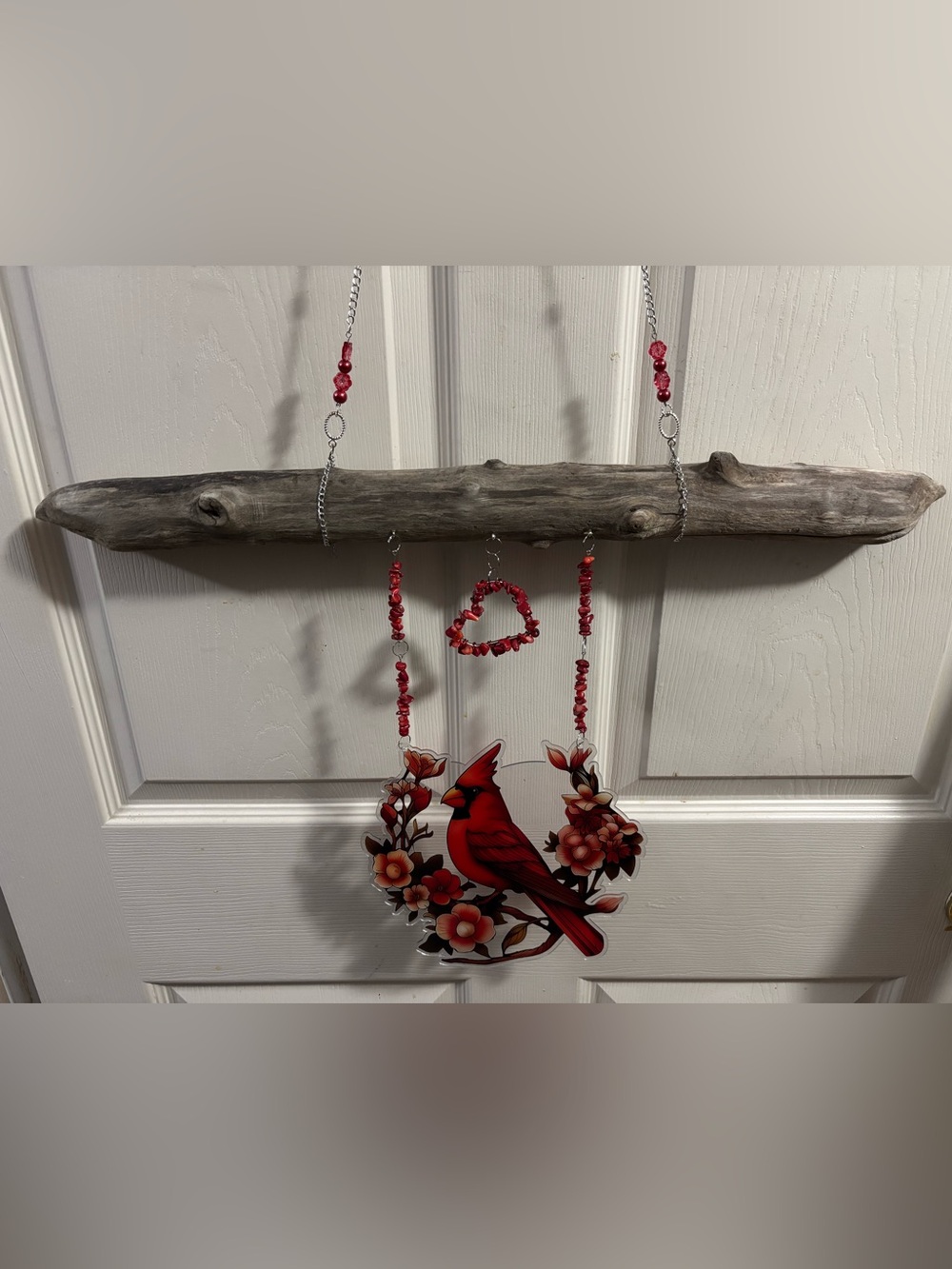 Red Cardinal Floral Hanging Suncatcher on natural driftwood
